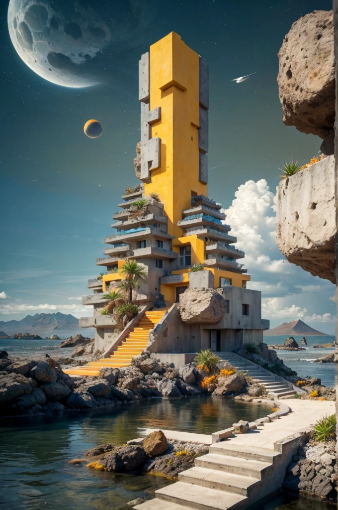 An illustration in collage style, with giant boulders, brutalist building sections, terraces, stairs, cacti, agave, concrete texture, multiple geometric shapes, hatch and cross hatching, planet saturn, volcano, moon, Luis Barragán's architectural style build, milky way galaxy, violet, one motorcycle, An illustration in collage style, with giant boulders, brutalist building sections, stairs, cacti, agave, concrete texture, multiple geometric shapes, hatch and cross hatching, planet saturn, volcano, moon, Luis Barragán's architectural style build, reflective pool, terraces. An elegant and modern build, in top of big boulders, with terraces, materials concrete, wood, steel and crystal, various gardens with tropical vegetation, cacti and rocks, stairs, a pool. In middle of sea, a big wave near, sunset, mountains and a volcano in the horizont, cute islands around, illustration format, cute color palette, detailed, masterpiece, award-winning work, clouds, Illustration, a garden with abundant cacti, ((various organic sculptures)), ((big rocks)), (((multiple sections))), collage style, detailed, (((color palette (olive green), (Mustard orange), cool grey, ((blue)), black and white))), (((a lot Luis barragán's architecture style builds))) big clouds, volcano in horizon, stairs, in the desert. ((masterpiece, best quality)),illustration,ultra detailed 8k, ((Ori Toor visual style)),soviet, megabuildings, megastructures, buildings, organic steel sculpture