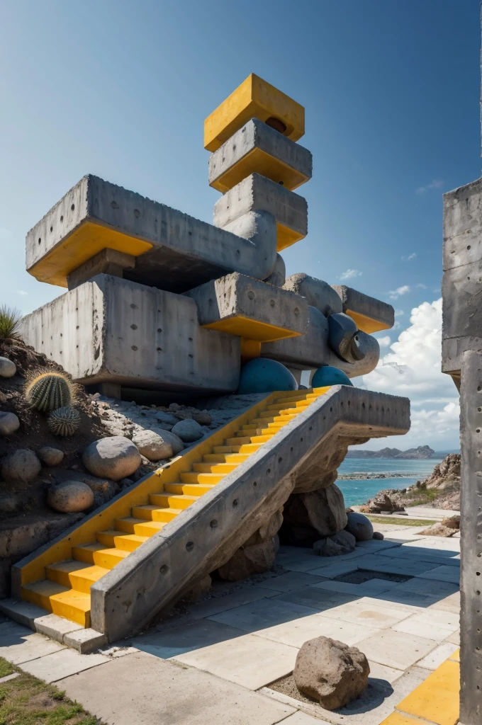 An illustration in collage style, with giant boulders, brutalist building sections, terraces, stairs, cacti, agave, concrete texture, multiple geometric shapes, hatch and cross hatching, planet saturn, volcano, moon, Luis Barragán's architectural style build, milky way galaxy, violet, one motorcycle, An illustration in collage style, with giant boulders, brutalist building sections, stairs, cacti, agave, concrete texture, multiple geometric shapes, hatch and cross hatching, planet saturn, volcano, moon, Luis Barragán's architectural style build, reflective pool, terraces. An elegant and modern build, in top of big boulders, with terraces, materials concrete, wood, steel and crystal, various gardens with tropical vegetation, cacti and rocks, stairs, a pool. In middle of sea, a big wave near, sunset, mountains and a volcano in the horizont, cute islands around, illustration format, cute color palette, detailed, masterpiece, award-winning work, clouds, Illustration, a garden with abundant cacti, ((various organic sculptures)), ((big rocks)), (((multiple sections))), collage style, detailed, (((color palette (olive green), (Mustard orange), cool grey, ((blue)), black and white))), (((a lot Luis barragán's architecture style builds))) big clouds, volcano in horizon, stairs, in the desert. ((masterpiece, best quality)),illustration,ultra detailed 8k, ((Ori Toor visual style)),soviet, megabuildings, megastructures, buildings, organic steel sculpture