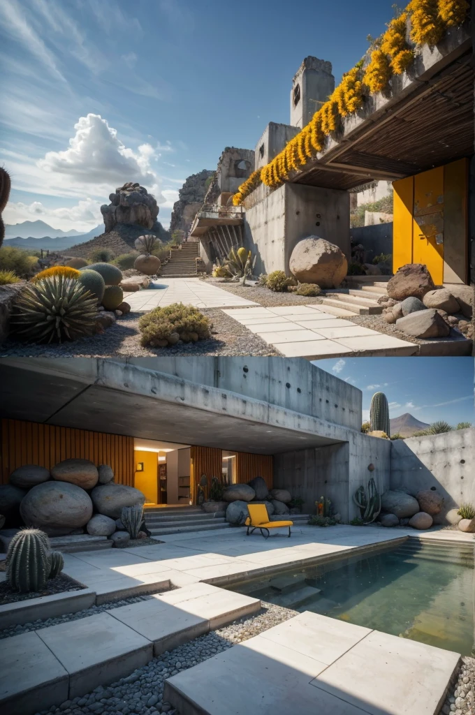 An illustration in collage style, with giant boulders, brutalist building sections, terraces, stairs, cacti, agave, concrete texture, multiple geometric shapes, hatch and cross hatching, planet saturn, volcano, moon, Luis Barragán's architectural style build, milky way galaxy, violet, one motorcycle, An illustration in collage style, with giant boulders, brutalist building sections, stairs, cacti, agave, concrete texture, multiple geometric shapes, hatch and cross hatching, planet saturn, volcano, moon, Luis Barragán's architectural style build, reflective pool, terraces. An elegant and modern build, in top of big boulders, with terraces, materials concrete, wood, steel and crystal, various gardens with tropical vegetation, cacti and rocks, stairs, a pool. In middle of sea, a big wave near, sunset, mountains and a volcano in the horizont, cute islands around, illustration format, cute color palette, detailed, masterpiece, award-winning work, clouds, Illustration, a garden with abundant cacti, ((various organic sculptures)), ((big rocks)), (((multiple sections))), collage style, detailed, (((color palette (olive green), (Mustard orange), cool grey, ((blue)), black and white))), (((a lot Luis barragán's architecture style builds))) big clouds, volcano in horizon, stairs, in the desert. ((masterpiece, best quality)),illustration,ultra detailed 8k, ((Ori Toor visual style)),soviet, megabuildings, megastructures, buildings, organic steel sculpture