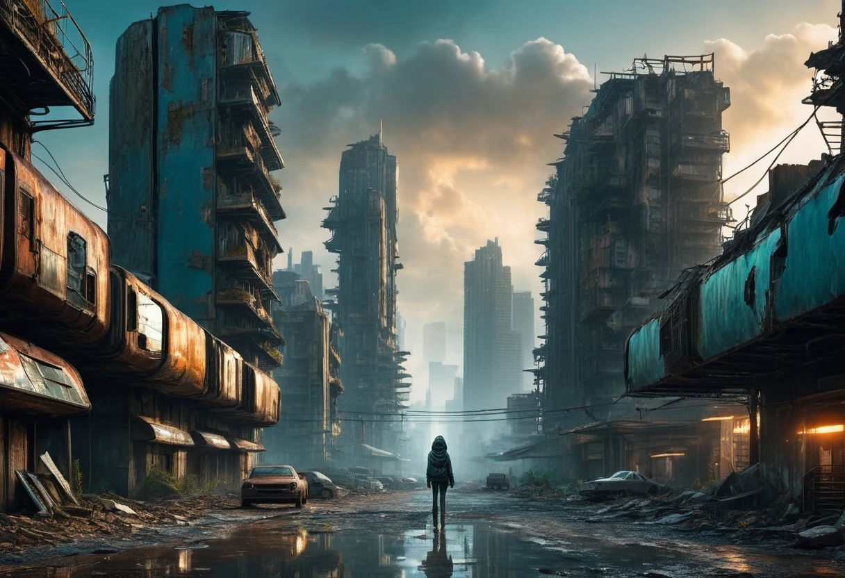 image taken of a girl wearing a hoodie and short, torn dirty clothes, She is wandering among the buildings of an abandoned, ultra-futuristic North American megalopolis city, nuclear apocalypse environment, the dystopian city, has many tall, dystopian metal buildings and dark-colored houses in ruins on the horizon, paved and dirty uphill street with debris fallen from buildings, environment from dark blue to black, the city has shades of metal gray, has smoky metal structures, there is a viaduct bridge on wide pillars, ultrafuturistic industrial environment with smoke and fog around, dark rusty dirty cars on the streets, desert megalopolis, has abandoned metal rusty modern train and rails among the city streets, futuristic tall buildings with broken glass and rounded rusty and dilapidated metal, tall poles fallen to the ground in the street, many ultramodern buildings around, as realistic as possible, as detailed as possible, Science fiction, there are 2 planets in the sky through the dense atmosphere
