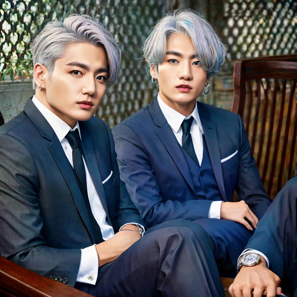 Mafia boy in grey suit and silver hair color, 26K, Photorealism, Real photo