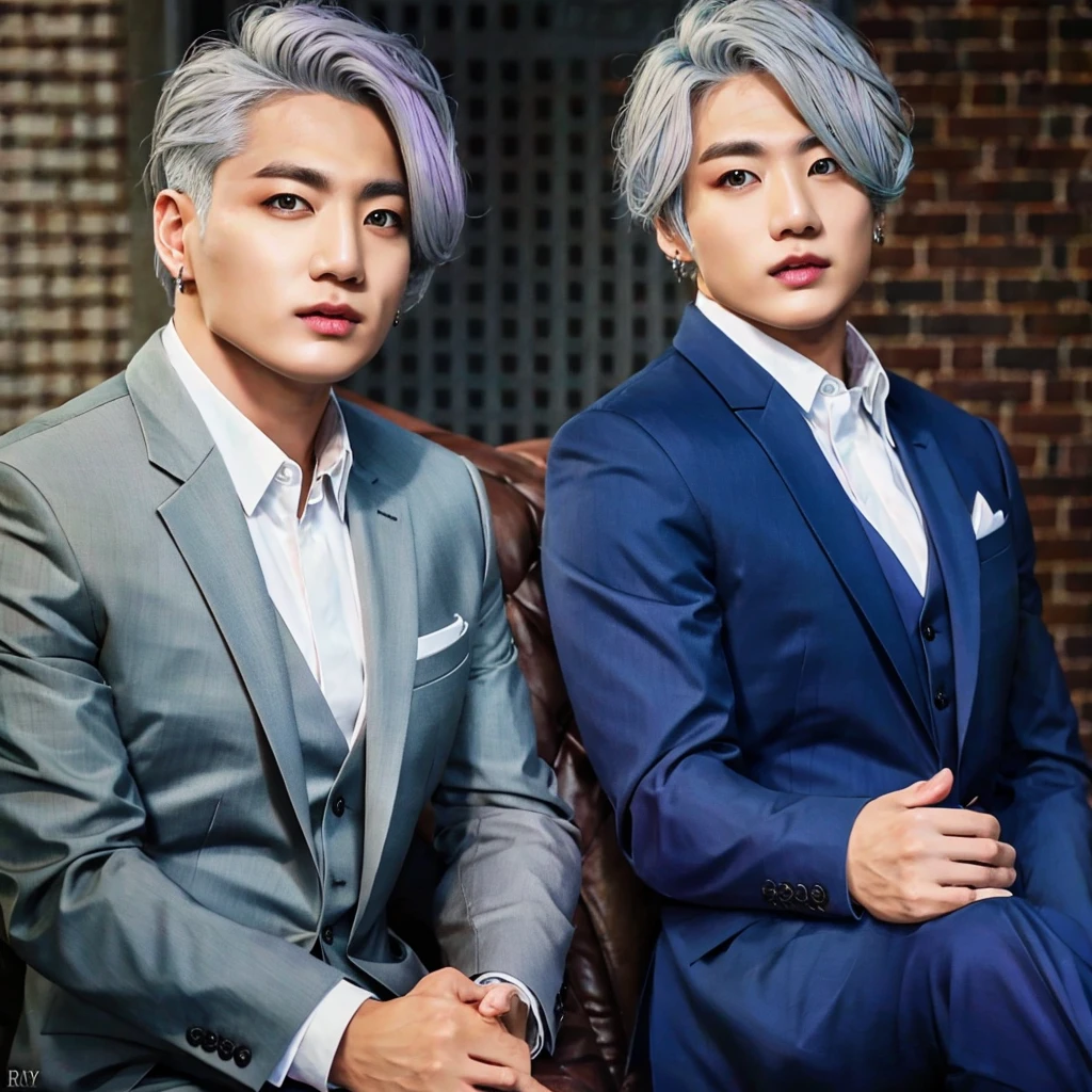 Mafia boy in grey suit and silver hair color, 26K, Photorealism, Real photo