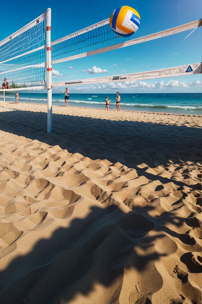 masterpiece,best quality,The background is the beach,((There is a volleyball net present))(Extremely detailed 8K wallpaper),(best quality),(Best illustration),(Best shadows),absurd,realistic lighting,(abyss),Beautiful detailed glow,PeterMohrBacherArt