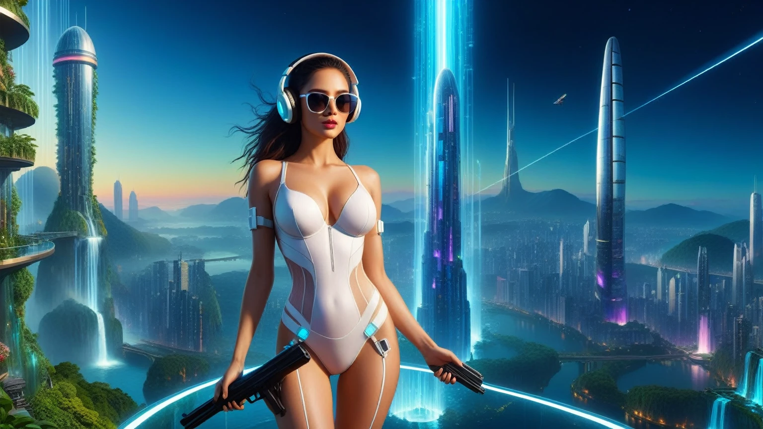 Futuristic floating city, huge high-tech tablet platform, airship, colorful lights, skyscrapper, transparent path, lush greenery, sky gardens, waterfalls, sparkling river, transparent dome, walkway, tower, very dark night, holographic display, aerial view. (((((1girl, solo, alone))))), large-breast:1.2 slim body, cleavage:1.1, sexy elegant long half-transparent white dress, (headphone, black sunglasses), (((standing and holding pistol pose))), (((half-body thigh level medium shot))), cinematic lighting, lens flare, ray tracing.