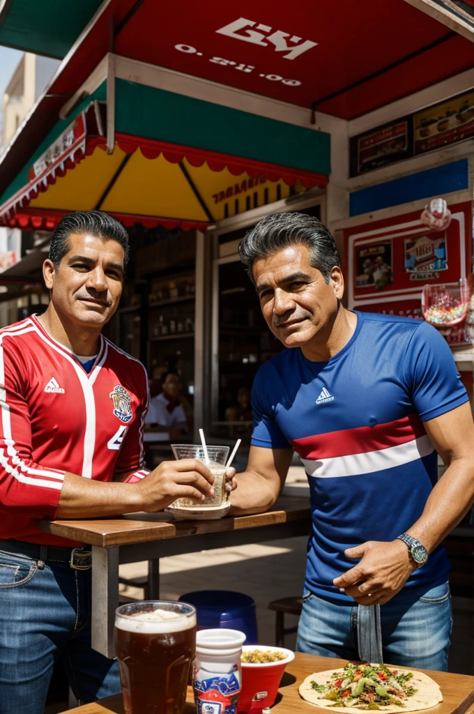 José José dining at a taco stand next to a mannequin, both with the chivas shirt.