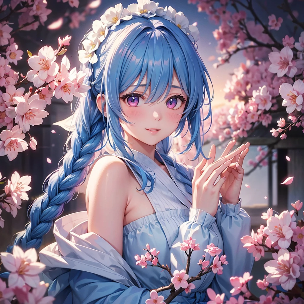 (Sky blue medium hair),(Braided hair tied together)、Pink eyes、Fair skin、(whole body)、(One Girl)、(Recruitment Suit)、Cherry Blossoms at Night、A big smile、、(masterpiece、Highest quality、Very detailed、Best Shadow)、(Detailed Background)、(Beautifully detailed face)、High contrast、(Best lighting、Very delicate and beautiful)、((Cinematic Light))、colorful、Hyper Detail、Dramatic Light、Exquisite detail、