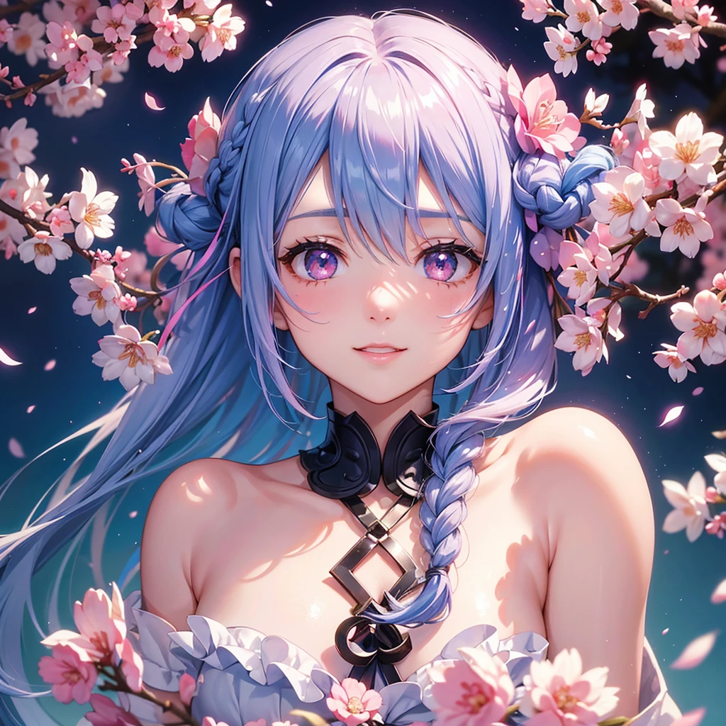 (Sky blue medium hair),(Braided hair tied together)、Pink eyes、Fair skin、(whole body)、(One Girl)、(Recruitment Suit)、Cherry Blossoms at Night、A big smile、、(masterpiece、Highest quality、Very detailed、Best Shadow)、(Detailed Background)、(Beautifully detailed face)、High contrast、(Best lighting、Very delicate and beautiful)、((Cinematic Light))、colorful、Hyper Detail、Dramatic Light、Exquisite detail、