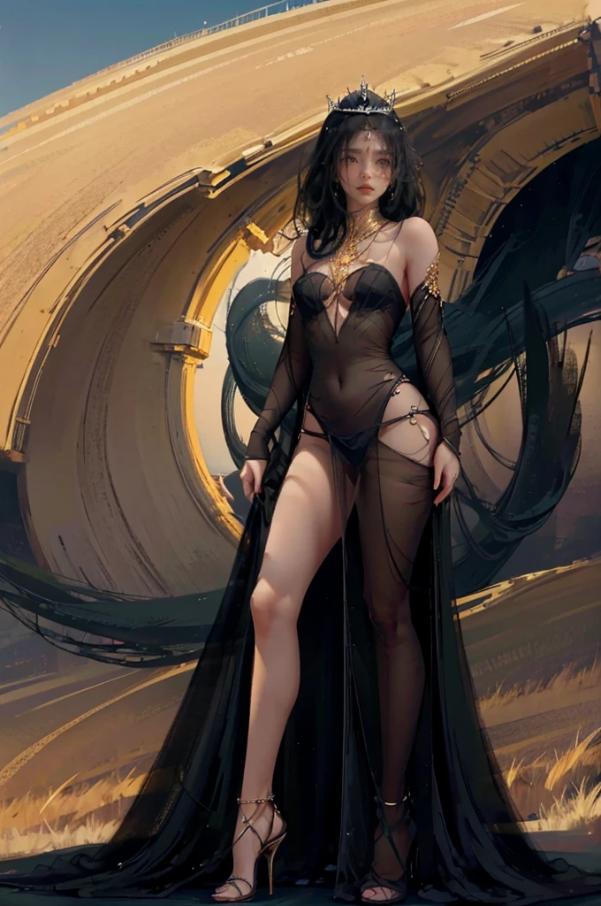 ((aeolian)), 1 girl, beautiful face, Princess, (wearing black gown), very long black hair, slim body with long legs, shiny skin, desert background, wearing high heels, camera view from the side, full body view, smiling