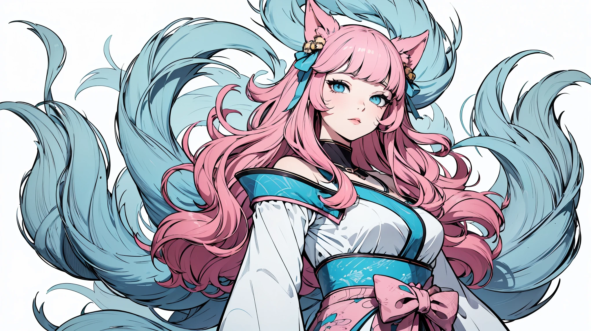 (masterpiece, best quality), beautiful woman, soft light, hakama, short skirt, (cleveage), wavy hair, asymmetrical bangs, perfect face, beautiful face, alluring, big gorgeous eyes, soft smile, perfect slim fit body, outdoors, standing, abstract background, bright colors, (risograph), medium breasts, solo, sexy