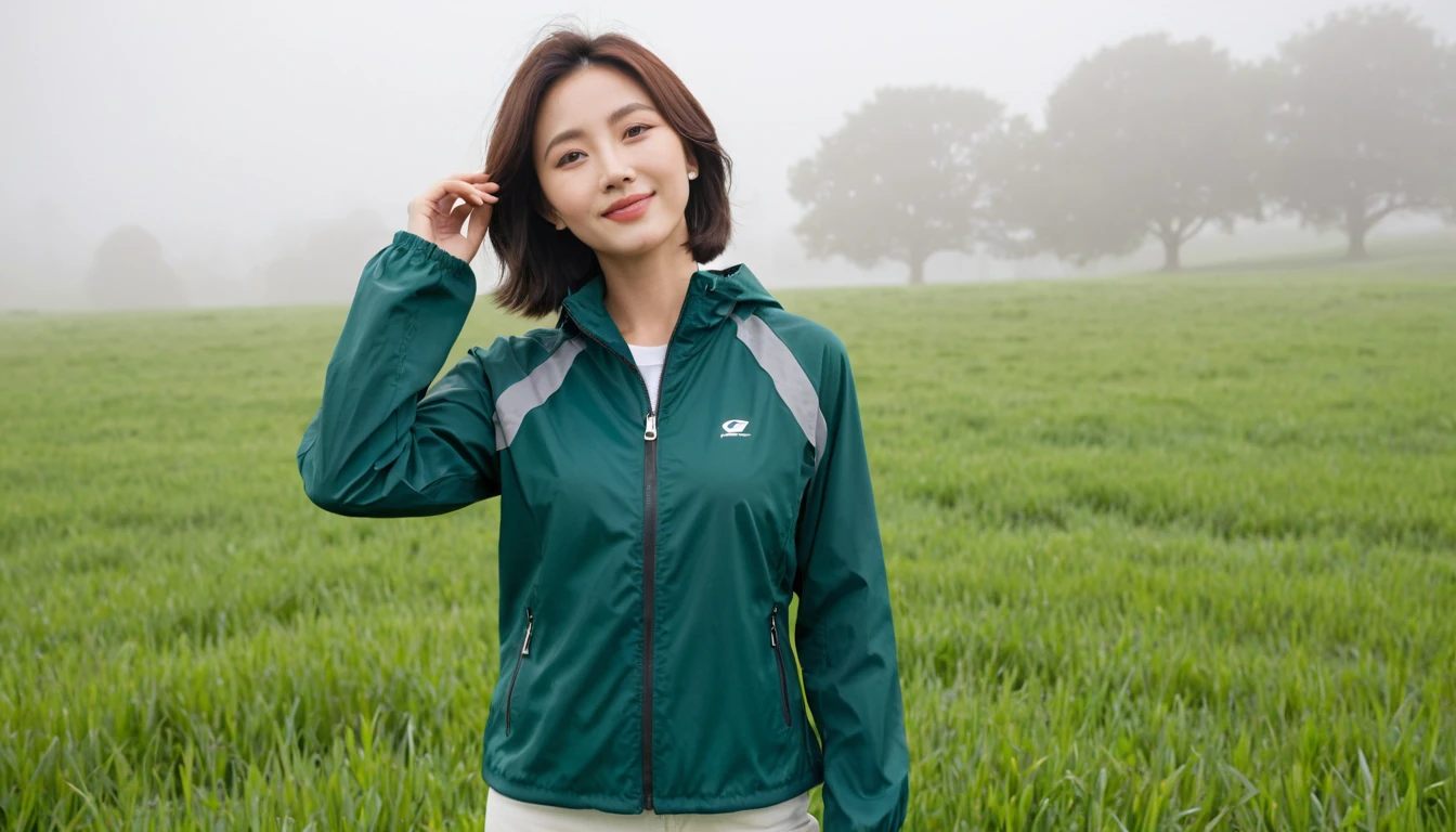 high quality, 1 woman, ((36-year-old healthy Korean woman)), ((36 years old)), 1 woman, eyes are big and beautiful. ((slim)), ((short medium hair)), Smile. pose: standing, Luxury brand windbreaker jacket, background: 1 woman, California, USA, green pastures, pasture, Cow, A green meadow can be seen in the distance through the early morning fog.. Full body shot with 16-34 wide angle lens, looking up the side, 