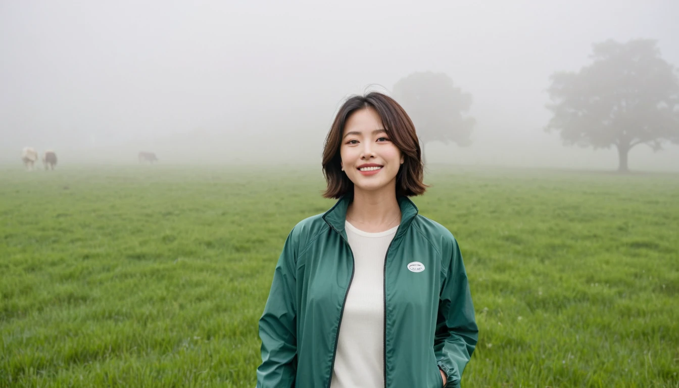 high quality, 1 woman, ((36-year-old healthy Korean woman)), ((36 years old)), 1 woman, eyes are big and beautiful. ((slim)), ((short medium hair)), Smile. pose: standing, Luxury brand windbreaker jacket, background: 1 woman, California, USA, green pastures, pasture, Cow, A green meadow can be seen in the distance through the early morning fog.. Full body shot with 16-34 wide angle lens, looking up the side,