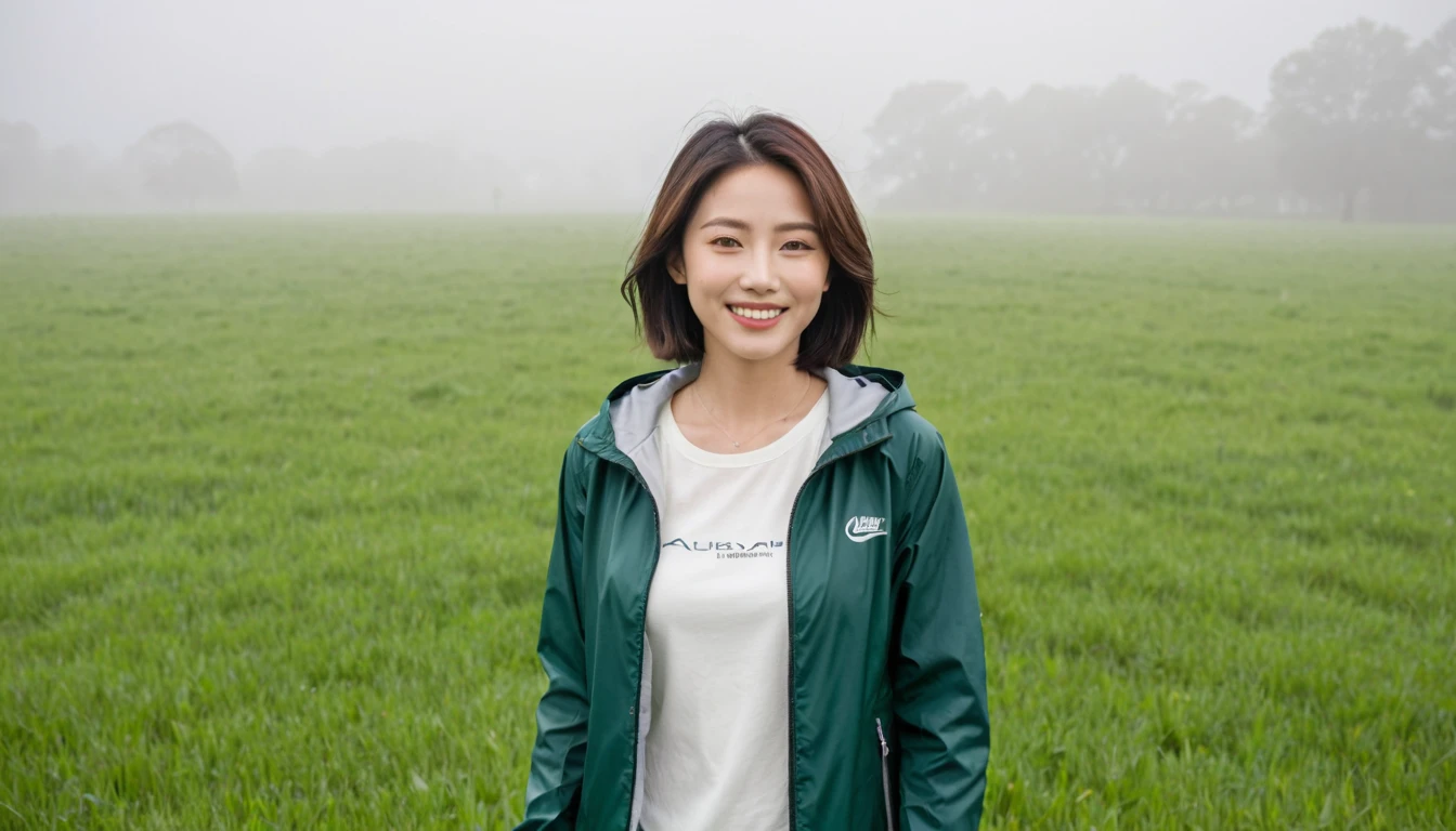 high quality, 1 woman, ((36-year-old healthy Korean woman)), ((36 years old)), 1 woman, eyes are big and beautiful. ((slim)), ((short medium hair)), Smile. pose: standing, Luxury brand windbreaker jacket, background: 1 woman, California, USA, green pastures, pasture, Cow, A green meadow can be seen in the distance through the early morning fog.. Full body shot with 16-34 wide angle lens, looking up the side,