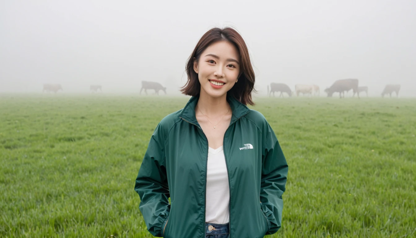 high quality, 1 woman, ((36-year-old healthy Korean woman)), ((36 years old)), 1 woman, eyes are big and beautiful. ((slim)), ((short medium hair)), Smile. pose: standing, Luxury brand windbreaker jacket, background: 1 woman, California, USA, green pastures, pasture, Cow, A green meadow can be seen in the distance through the early morning fog.. Full body shot with 16-34 wide angle lens, looking up the side,