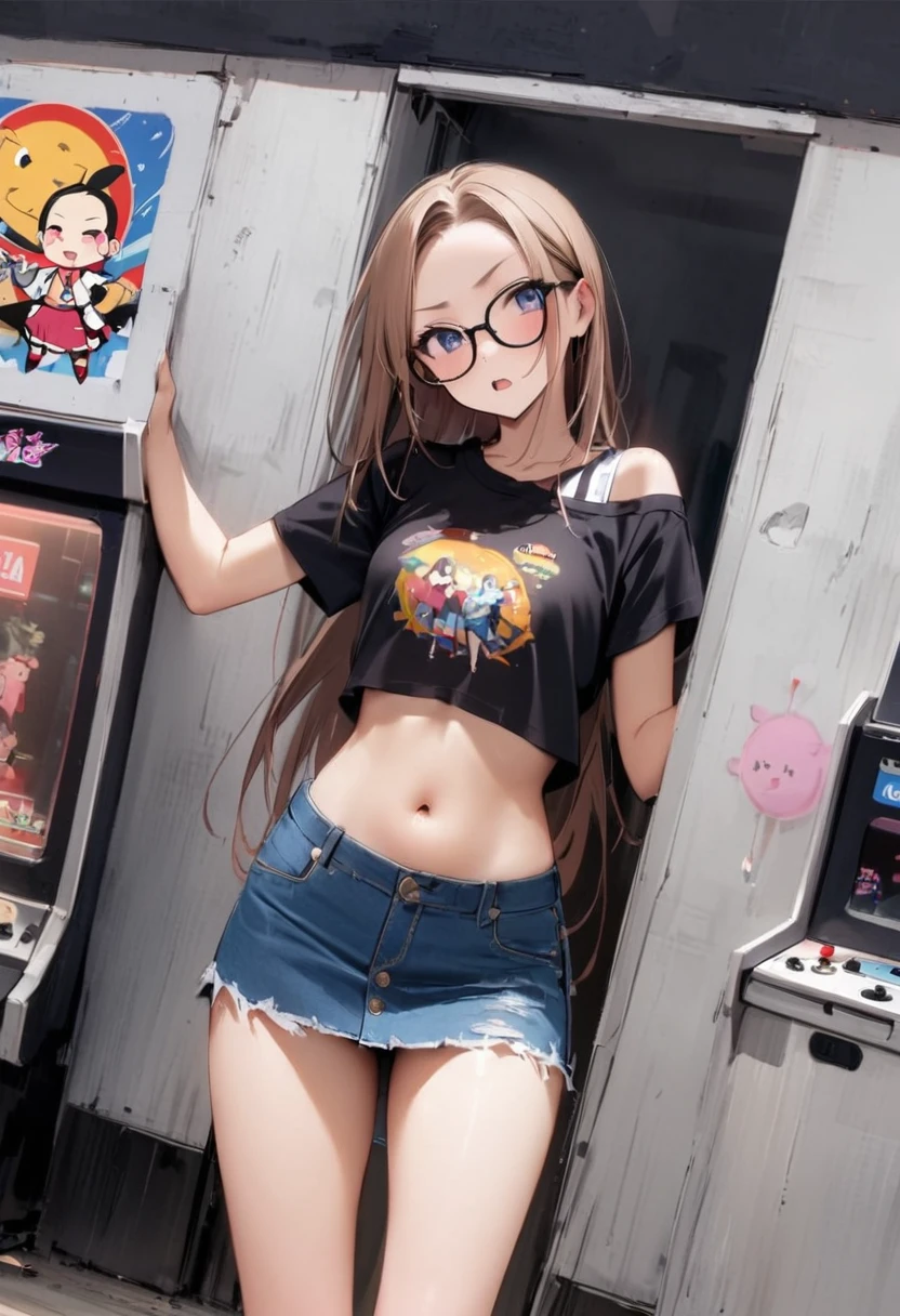 underboob、bellybutton、crop top look、Chibi T-shirt、Fashionable glasses、bra、Striped panties、Very Very Mini Skirt、Panty shot、arcade、game machine、Game bench、UFO Catcher、Purikura、Date、forehead、Girl、Girl、Short、Younger、Lower school year、Baby Face、flat chest、Angry face、Dynamic Angle、masterpiece、best quality、ultra-detail、There are customers around、I'm making a mess、Clothing