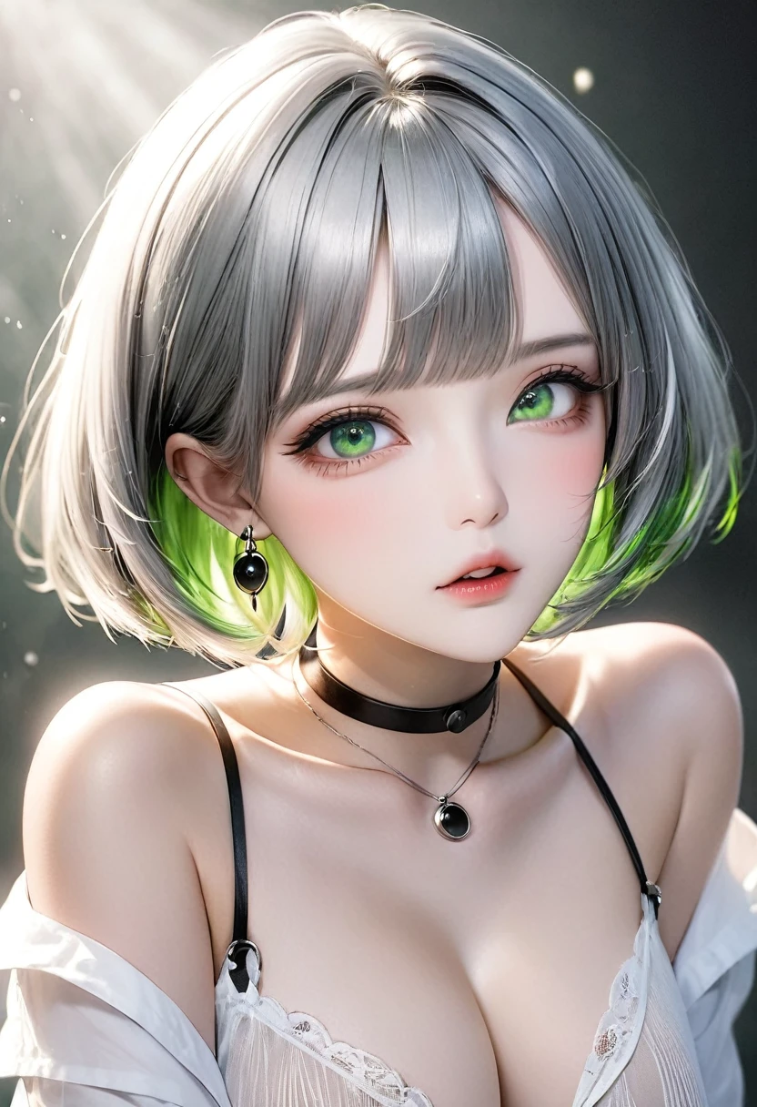 Cute Girl, glossy smooth silver short bob cut, forehead, blunt bangs, sighing lips, make-up, attractive and seductive expression, great Proportions, 2.5D, delicate and dynamic, foggy filter effect, beautiful effects, shiny big green eyes, BREAK unbuttoned loose white shirt, necklace, black ring earrings, black choker