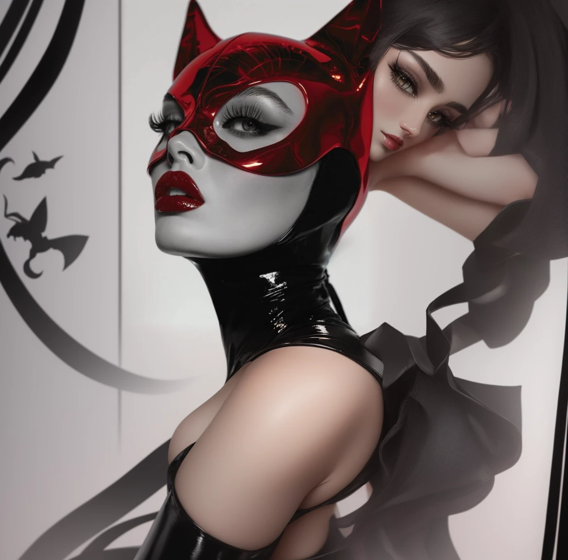 Female、Catwoman、Black vinyl bodysuit、Black Cat Mask、Full body image