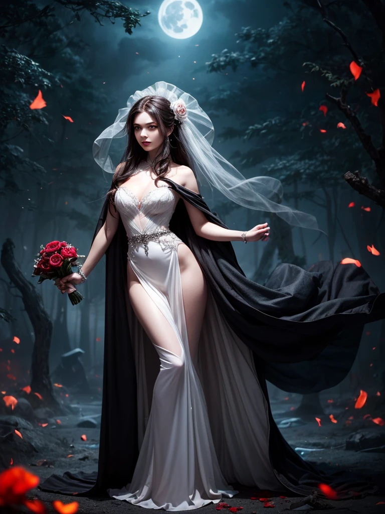 In the night graveyard near the open coffin standing beatiful pale bride female, she have pale skin, beatiful face with silver eyes dark red lipstick black eyeshadows and black tear trace on her face, her haie is black as the darkest night, she dressed in old wedding dress with holes and blood stains and bare feets, in her hands she holding withered black rose bouquet, she have greennish glow aura around her, there is blood moon in the sky,(ultra high quality fantasy art, ghothic dark fantasy style, masterpiece, ultra high quality character design, 8k quality anime art, realistic anime art, top quality wallpaper illustration, detailed ultra high quality accurate face, high quality design and accurate physic)