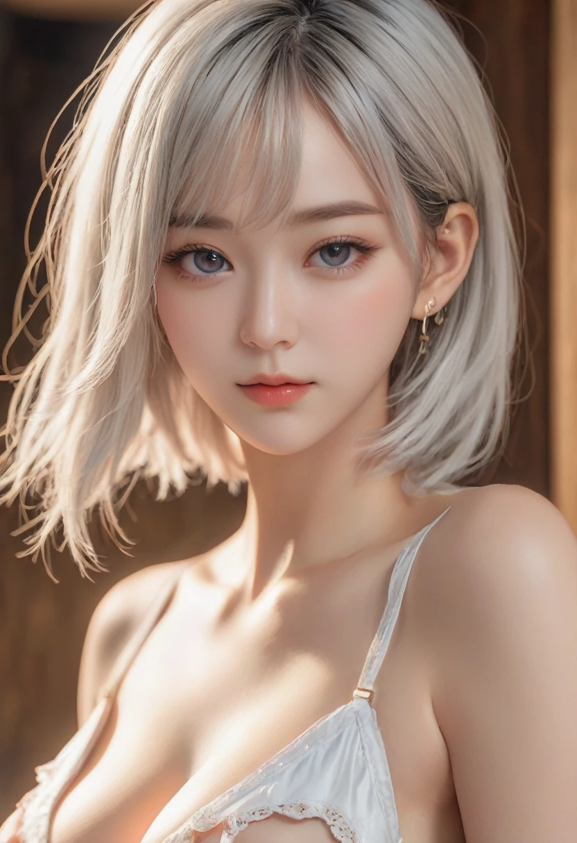 (Highest quality,High resolution,masterpiece:1.24K,8K,cowboy shot、Enlarge your eyes、Beautiful, clearly defined eyes、Highly detailed eyes and face、Draw your finger firmly、ahegao、Kindergarteners、(6 year old girl)),Small breasts、flat chest、 {{{{Small breasts}}}},Super large nipples、Super large areola、 Plump thighs、Plump butt、Completely naked、Completely naked,Silver Hair、Frame your face、Bobcut、Back view、Turn around here、On all fours、No underwear、Creampie、Shaved、full body,