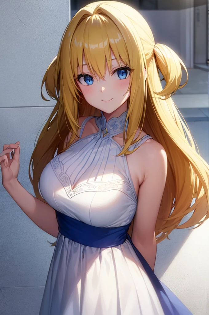 (masterpiece:1.3), (best quality:1.1), (8k, ultra detailed, ultra high res:1.2), ((anime style)), sfw, 
1girl,
BREAK long hair, wavy hair, 
(blonde hair), 
(blue eyes), 
medium breasts, (white camisole, Sequins, white sequins:1.2),  
BREAK smile, (gazing skyward:1.4), standing, shoot from above, 
cowboy shot, BREAK  white background, 