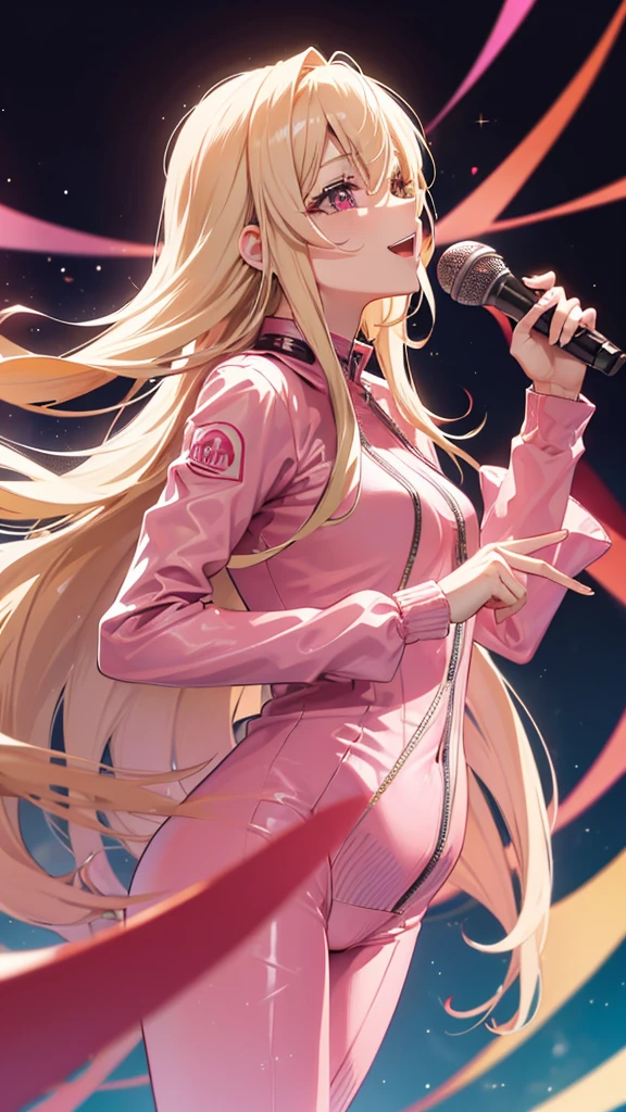 (((Adult woman))), pink eyes, (long blonde hair), pinksuit, smile, singing, holding microphone