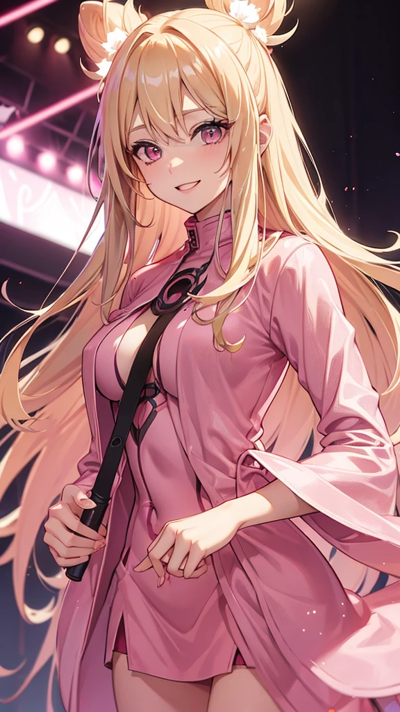(((Adult woman))), pink eyes, (long blonde hair), pinksuit, smile, singing, holding microphone