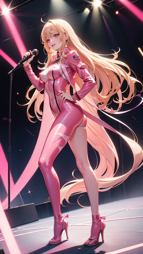 (((Adult woman))), pink eyes, (long blonde hair), pinksuit, smile, singing, holding microphone