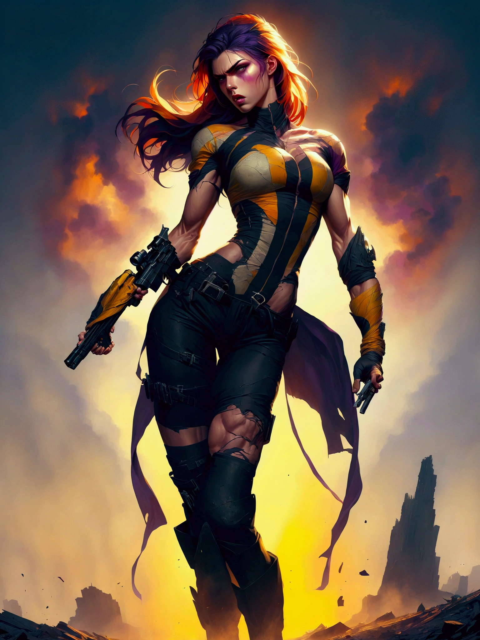 dark and torn, 1 young beautiful muscular body, fierce expression, holding a gun, (colors in your clothes, warm, Orange, yellow, violet:1.3), standing in a desolate wasteland, dramatic lighting, intense shadows, sandy texture, tall contrast, vibrant colors, dynamic pose, powerful posture, rough background, explosive atmosphere, dystopian theme, surreal elements, digitally painted illustration, high definition resolution, intricate details, dramatic composition, avant-garde and chaotic brushstrokes, gothic style, intense emotions, epic scale, raw and gritty feeling, Captivating and provocative works of art..