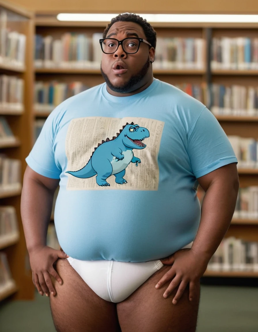 arafed Fat african american man in a blue shirt and white briefs in a library, thicc, dinosaur on shirt, robust stocky body, dad bod, peter griffin body type, inspired by Abidin Dino, white undergarments, real life peter griffin, adult swim style, stocky, peter griffin in real life, rubenesque, frank reynolds, photo from a promo shoot