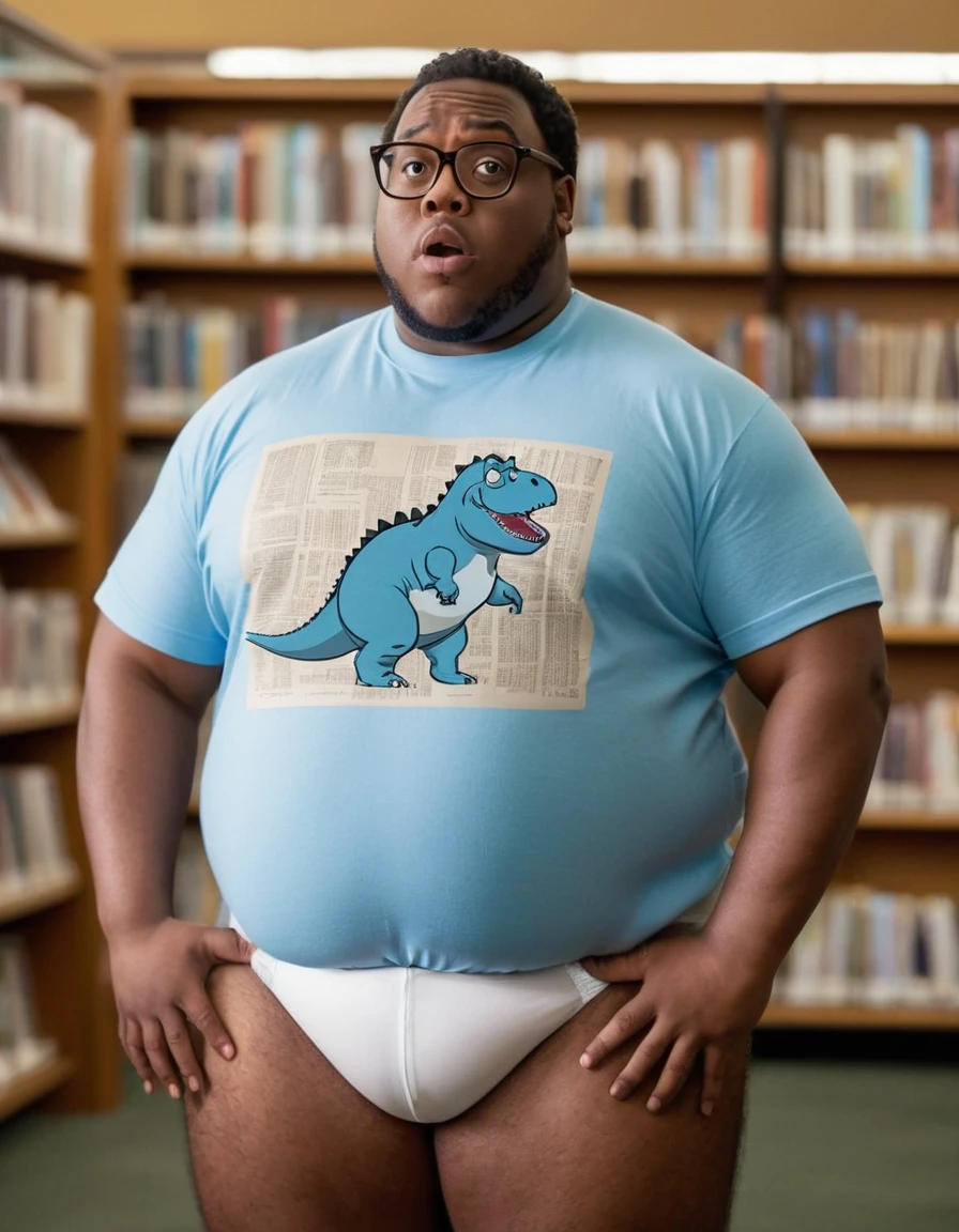 arafed Fat african american man in a blue shirt and white briefs in a library, thicc, dinosaur on shirt, robust stocky body, dad bod, peter griffin body type, inspired by Abidin Dino, white undergarments, real life peter griffin, adult swim style, stocky, peter griffin in real life, rubenesque, frank reynolds, photo from a promo shoot
