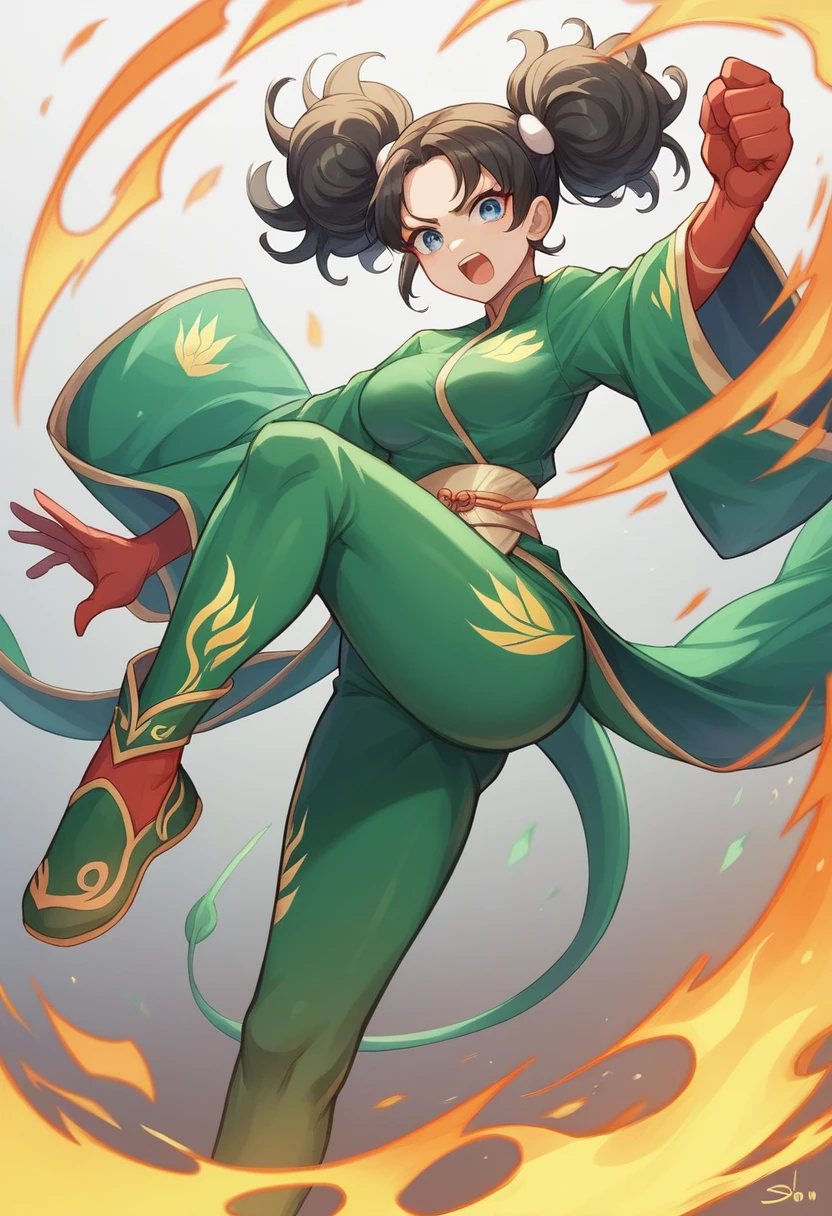 Little 18 year old girl bandit through hell、green kimono with lotus flowers、green flame. blue eyes. long legs, curly hair, very small covered breasts, body with green flames and an expression of fury, giving a flying kick, released fire from his feet , two pigtails in her hair, flying like a superhero, background a green chinese dragon behind her. sosten verde, green oriental clothing, showing great power by charging a dragon.