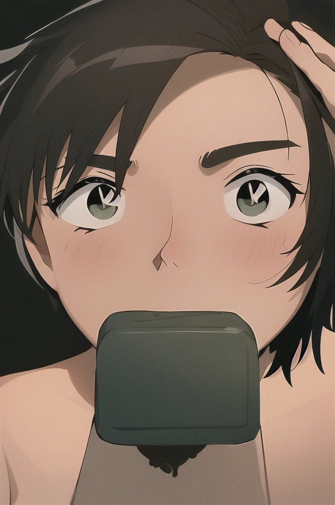NSFW, masterpiece, best quality, sharp focus, vibrant, creative, dynamic, high definition, high resolution, 8k, voluptuous body, cinema lightning, dakimakura style, looking at the viewer, (1girl), (parkdona), 1 gril,green eyes, black hair,short hair, (pleassure), look on her face, looking at viewer, grabbing his penis, blushing, sexy, slutty, couple, hetero sex, (1boy), (overweight boy), pubic hair, (hairy boy), penis, blow job, (pov), ejaculation_on_face:1.5, sticky cum, (anime_screencap:1.2), pov,deepthroat,(dark skin:1.5)
