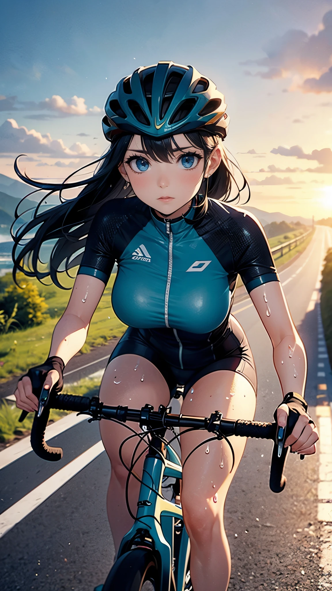 (masterpiece:1.2),(Highest quality),(Super detailed),(High resolution),(Highest quality),(An illustration),8K,Cinema Lighting,(Written boundary depth),(Sophisticated lighting:1.2),woman riding a bicycle,(Racing Suits),(Racing Gloves),(Big Breasts),(Thick thighs),(dynamic:1.3),(Speedy depiction),(From above),(A detailed depiction of a bicycle),(Sweat),Sunset,(Hand,detailed,perfect,perfection,Hands),(riding a road bike,downhill,steep slope,cycling shorts,wind,speed lines)