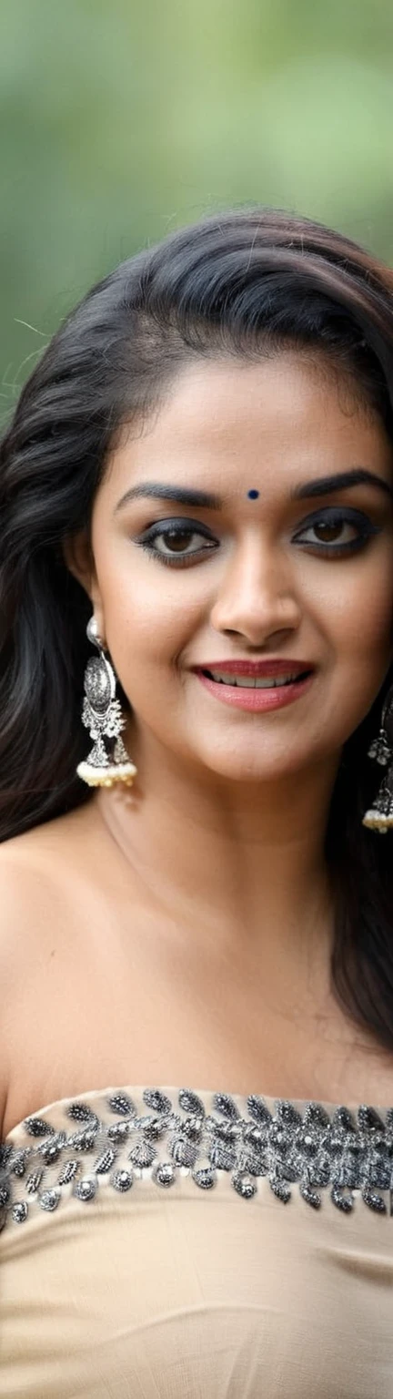 ultrarealistic hires full body nude photo of a 30-year-old keerthy suresh woman, outdoors, nipple show