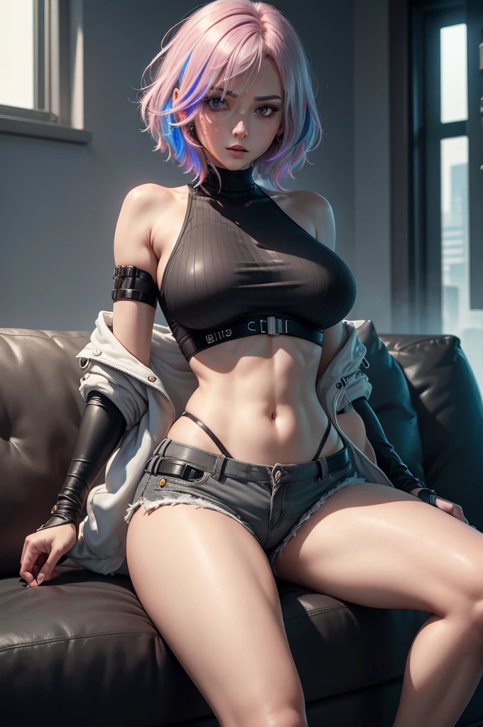 (чрезвычайно подробные обои CG Unity 8k), (ultra detailed), masterpiece, Best quality, Lucy (Cyberpunk), bodysuit, One, breast, Cyberpunk city, multicolored hair, short hair, I look at the viewer, medium breast, black bodysuit, grey eyes, thigh vent, neckline in clothes, hip gap, covered navel, White jacket, bare shoulders, short shorts, sofa,