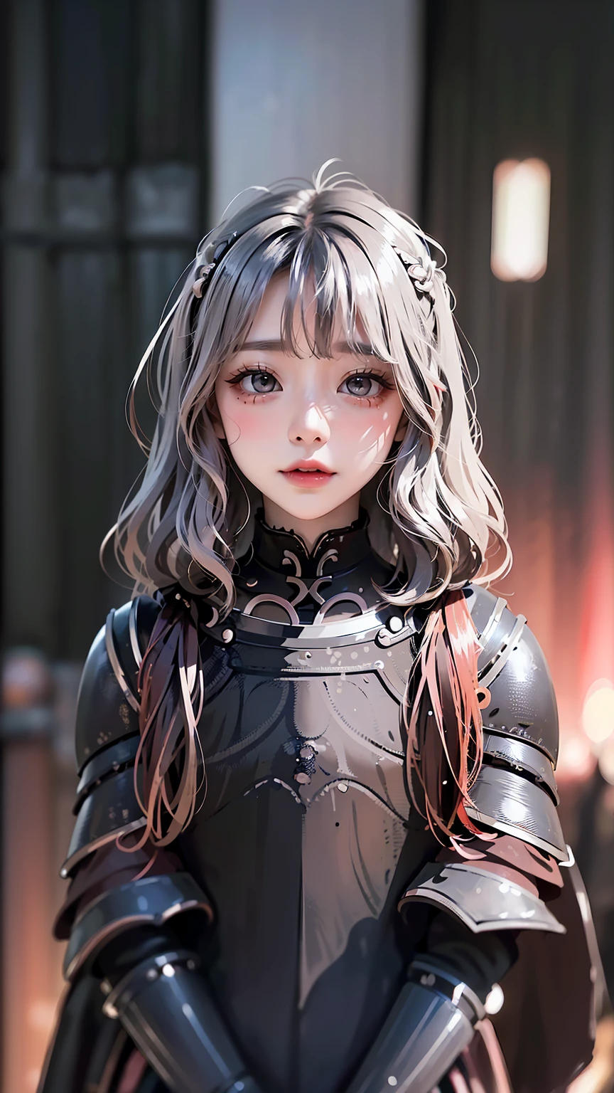 Anime Style、A masterpiece of delicate and detailed line drawing、Highest quality、Highest quality、Anatomically correct、(One Woman、、(Silver Hair、Hime cut, Wavy Hair, Mid-length hair:1.2)、(Natural Makeup、Eyelash extensions、Draw eyelashes sharply、Eyebrows are thin and short、Deep orange blush:1.1)、(Staring at the audience、Looks sleepy、Mouth open、Slightly red cheeks:1.3)、(Black Iron Full Plate Armor、Intricately detailed dress armor,、dark Knight:1.3)、garden、A mysterious scene with light pouring down, (Blur the background:1.3)、(View of the subject from below:1.1)、Photo from thigh up