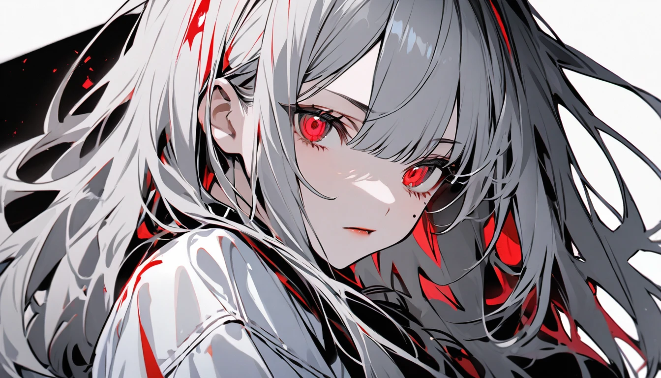 Teen Girl Characters。gray hair color、Glowing red eyes、Long Hair、There is a mole under the left eye。Without background、Depict only one person