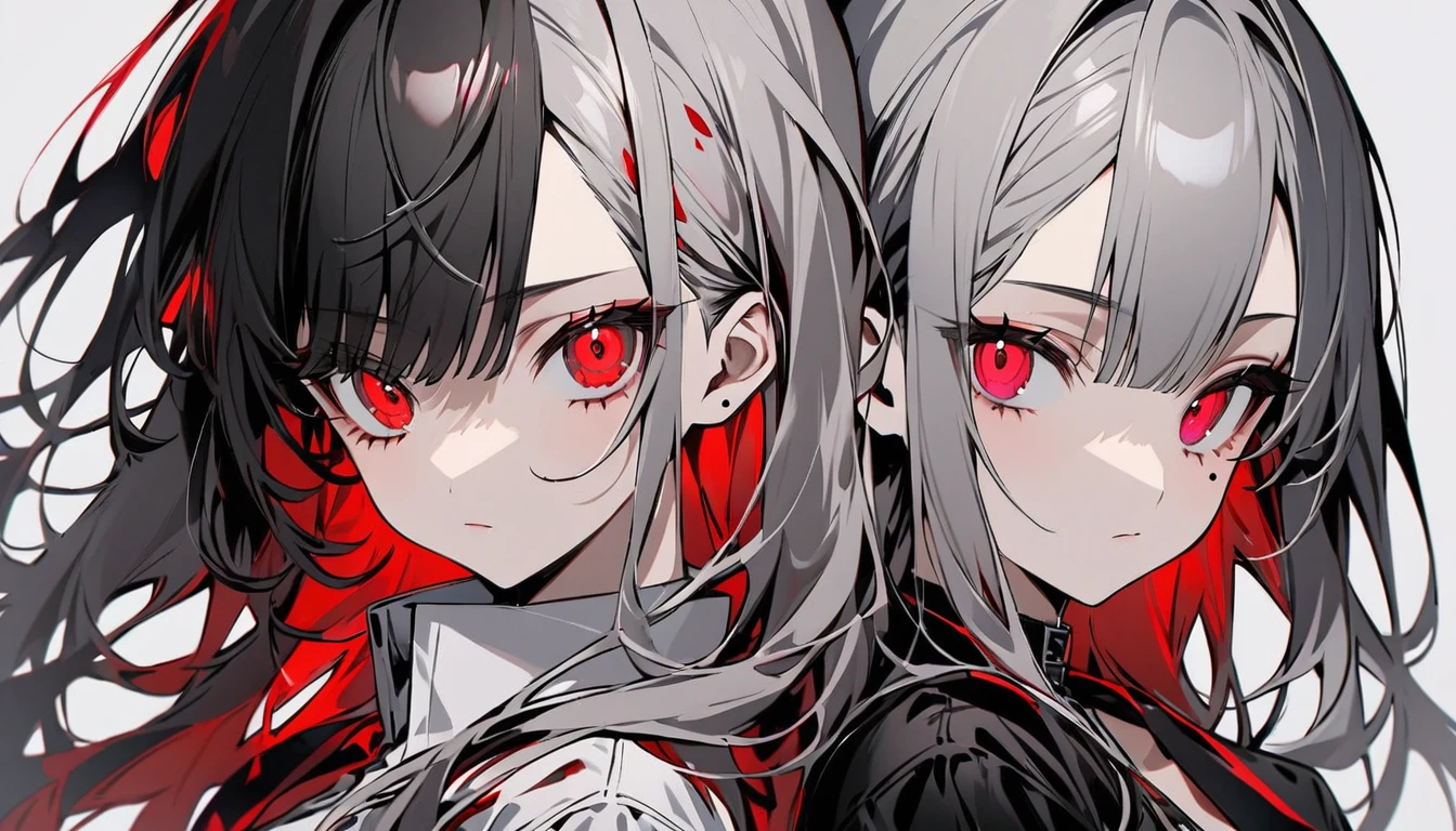 Teen Girl Characters。gray hair color、Glowing red eyes、Long Hair、There is a mole under the left eye。Without background、Depict only one person