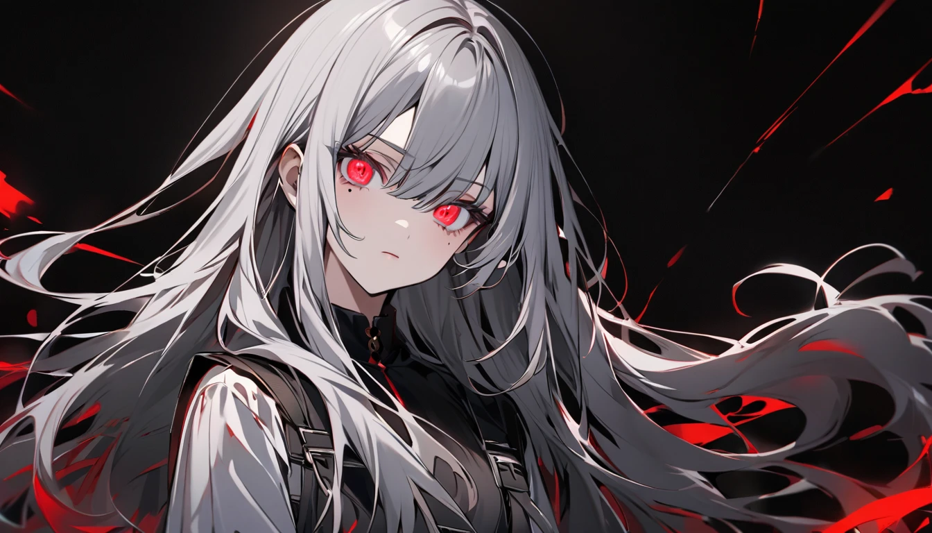 Teen Girl Characters。gray hair color、Glowing red eyes、Long Hair、There is a mole under the left eye。Without background、Depict only one person