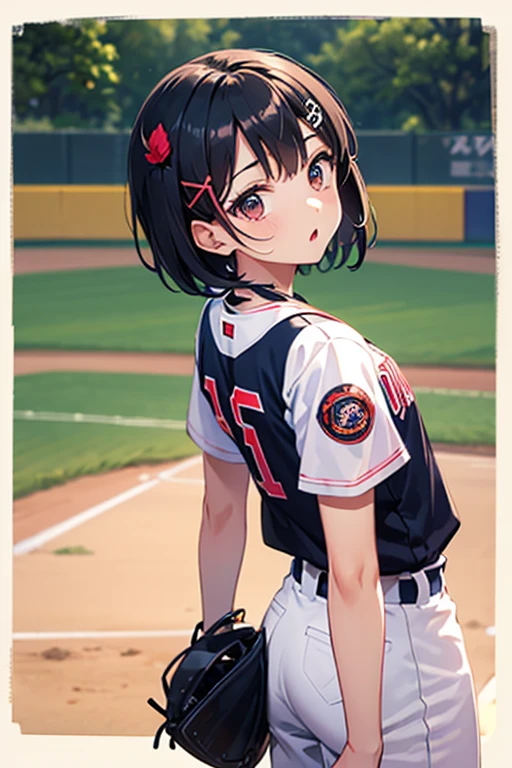Highest quality、back、Black Hair、Iris、short hair、girl、cute、16 years old、、Small hair ornament、1 person、Cosplay、Baseball uniform、batting、swing、Serious expression