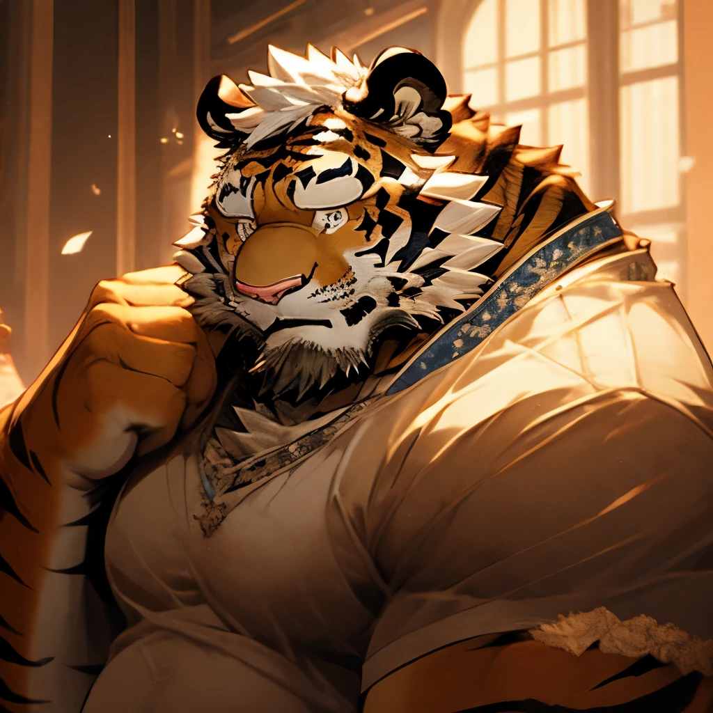 masterpiece,Highest quality,Humanity(Tiger),male, (Fat Man), White hair((hairy)), Thick eyebrows, Short eyebrows, (Cat ears),Shy expression