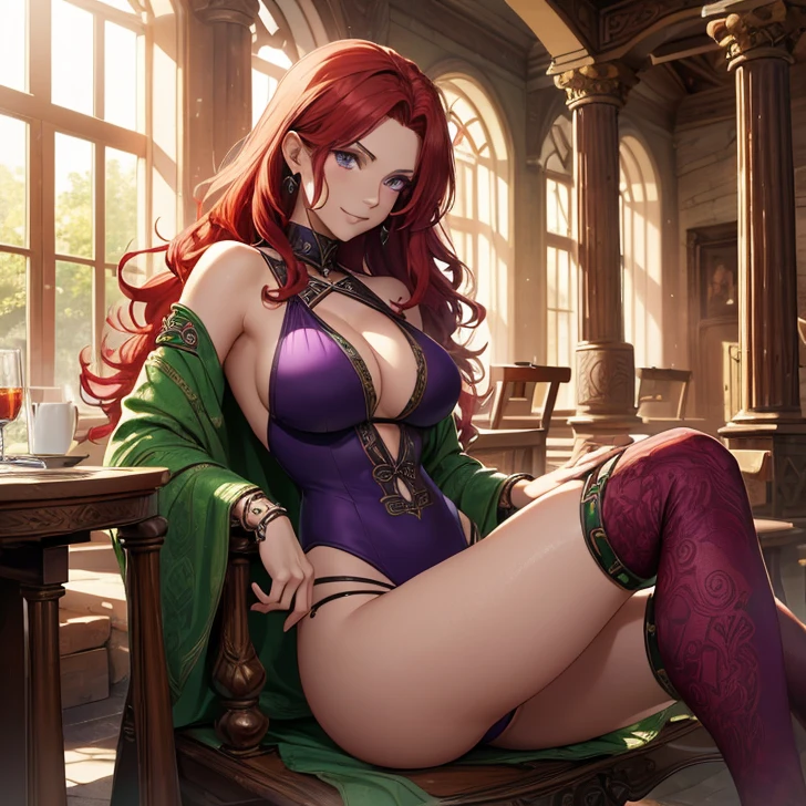 (absurdres, high fantasy artwork, best high quality image, carefuly detailed, very detailed features and textures, view solo character)
{{(1character: 60 years old scarlet-red haired barbarian woman milf, (long curly red hair, purple eyes, confident demeanor, brave smile) (green color one-piece swimsuit), (irish park ancient greek forniture and celtic forniture))}}