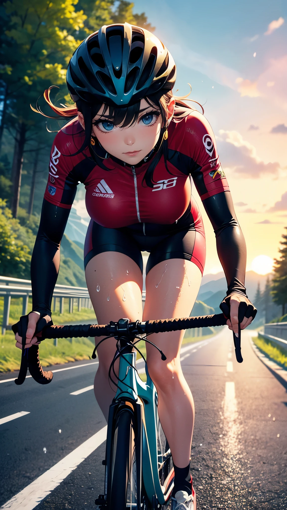 (masterpiece:1.2),(Highest quality),(Super detailed),(High resolution),(Highest quality),(An illustration),8K,Cinema Lighting,(Written boundary depth),(Sophisticated lighting:1.2),woman riding a bicycle,(Racing Suits),(Racing Gloves),(Big Breasts),(Thick thighs),(dynamic:1.3),(Speedy depiction),(From above),(A detailed depiction of a bicycle),(Sweat),Sunset,(Hand,detailed,perfect,perfection,Hands),(riding a road bike,downhill,steep slope,cycling shorts,wind,speed lines)