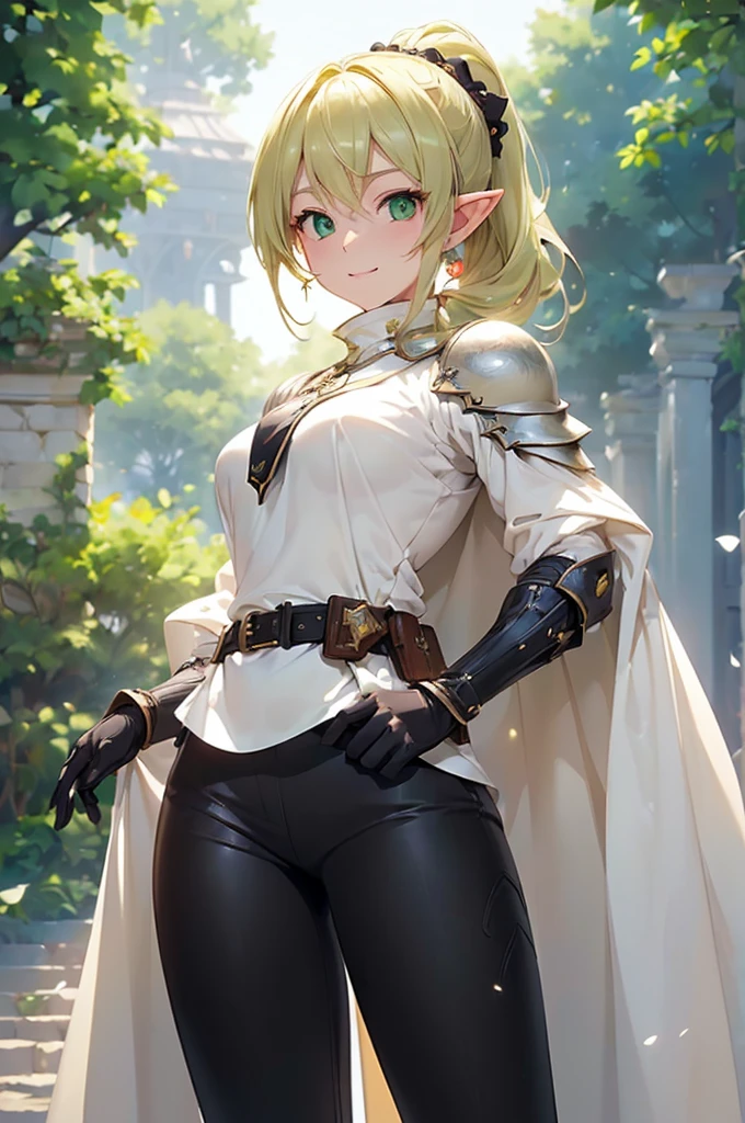 (((masterpiece; best quality: 1.2))), (finely detailed eyes: 1.3), (25 year old elf woman), (solo), (green eyes: 1.4), (body; buxom, fit, femenine: 1.3), (silky blonde hair in low ponytail: 1.3), (beautiful and clear background: 1.2), ((depth of field)), (equipment: adventurer attire + modest + light armor + long white tunic-coat + black cape + black pants + gloves + belt + pouches: 1.3), (anime illustration: 1.2), (background composition; royal garden: 1.1), (extremely fine and beautiful: 1.1), (shot composition; standing + centered on torso + close-up: 1.5), (expression; calm, smile: 1.2)