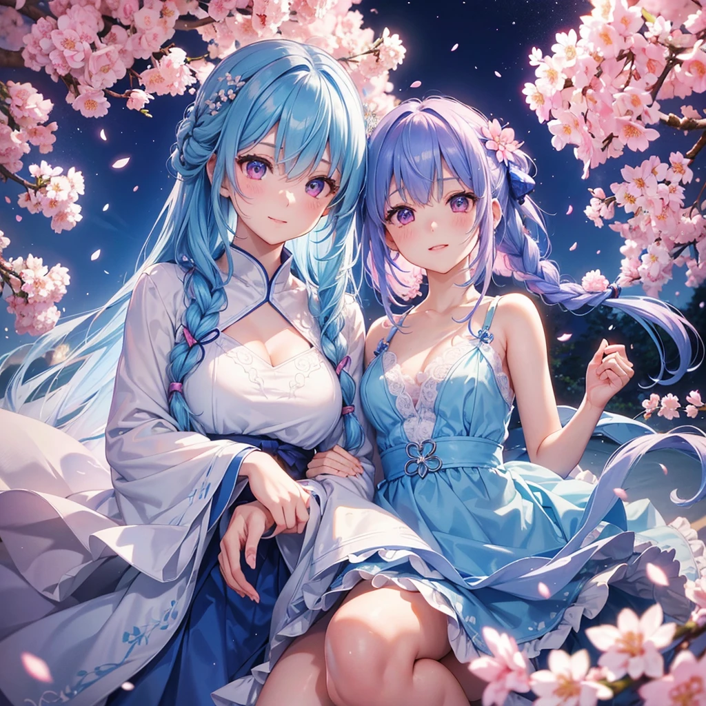 (Sky blue medium hair),(Braided hair tied together)、Pink eyes、Fair skin、(whole body)、(One Girl)、(Recruitment Suit)、Cherry Blossoms at Night、A big smile、、(masterpiece、Highest quality、Very detailed、Best Shadow)、(Detailed Background)、(Beautifully detailed face)、High contrast、(Best lighting、Very delicate and beautiful)、((Cinematic Light))、colorful、Hyper Detail、Dramatic Light、Exquisite detail、
