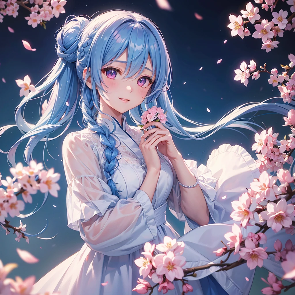 (Sky blue medium hair),(Braided hair tied together)、Pink eyes、Fair skin、(whole body)、(One Girl)、(Recruitment Suit)、Cherry Blossoms at Night、A big smile、、(masterpiece、Highest quality、Very detailed、Best Shadow)、(Detailed Background)、(Beautifully detailed face)、High contrast、(Best lighting、Very delicate and beautiful)、((Cinematic Light))、colorful、Hyper Detail、Dramatic Light、Exquisite detail、