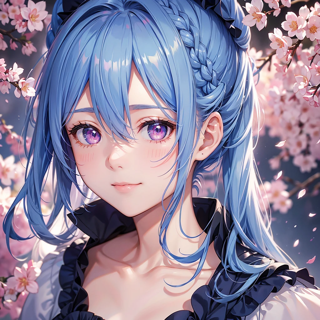 (Sky blue medium hair),(Braided hair tied together)、Pink eyes、Fair skin、(whole body)、(One Girl)、(Recruitment Suit)、Cherry Blossoms at Night、A big smile、、(masterpiece、Highest quality、Very detailed、Best Shadow)、(Detailed Background)、(Beautifully detailed face)、High contrast、(Best lighting、Very delicate and beautiful)、((Cinematic Light))、colorful、Hyper Detail、Dramatic Light、Exquisite detail、