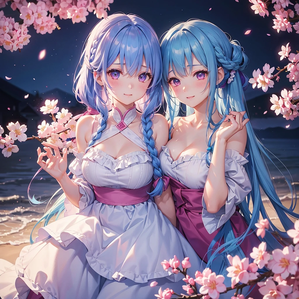 (Sky blue medium hair),(Braided hair tied together)、Pink eyes、Fair skin、(whole body)、(One Girl)、(Recruitment Suit)、Cherry Blossoms at Night、A big smile、、(masterpiece、Highest quality、Very detailed、Best Shadow)、(Detailed Background)、(Beautifully detailed face)、High contrast、(Best lighting、Very delicate and beautiful)、((Cinematic Light))、colorful、Hyper Detail、Dramatic Light、Exquisite detail、