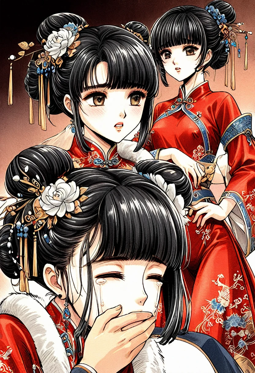Period drama manga style A 15-year-old super beautiful Chinese girl with black hair in a bun cut(1 person) She is wearing a royal long-sleeved Chinese dress She is hugged by the perverted old emperor and forced to deep kiss him, causing him to cry. She exposes her nipples and gets fucked in the standing position