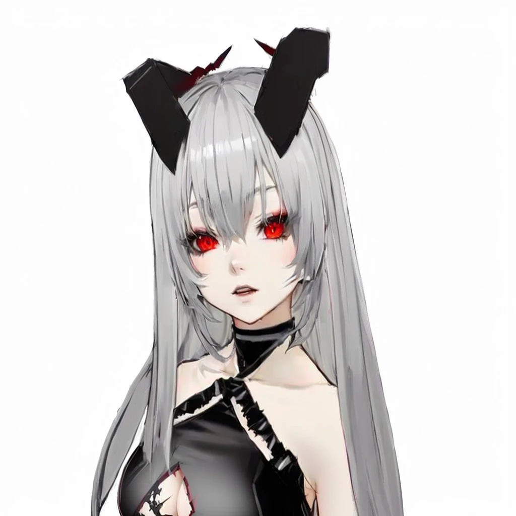 a woman with long hair and red eyes wearing a black dress, gapmoe yandere grimdark, mika kurai demon, demon anime girl, Black demon dancer, 3D anime style, gapmoe yandere, portrait gapmoe yandere grimdark, with bright red eyes, devious evil expression, white horned queen demon, demon girl, anime girl with cat ears