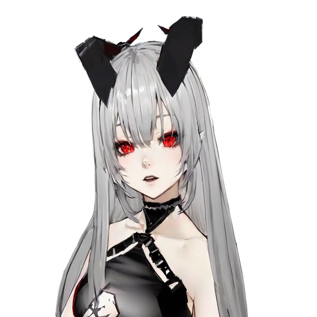 a woman with long hair and red eyes wearing a black dress, gapmoe yandere grimdark, mika kurai demon, demon anime girl, Black demon dancer, 3D anime style, gapmoe yandere, portrait gapmoe yandere grimdark, with bright red eyes, devious evil expression, white horned queen demon, demon girl, anime girl with cat ears